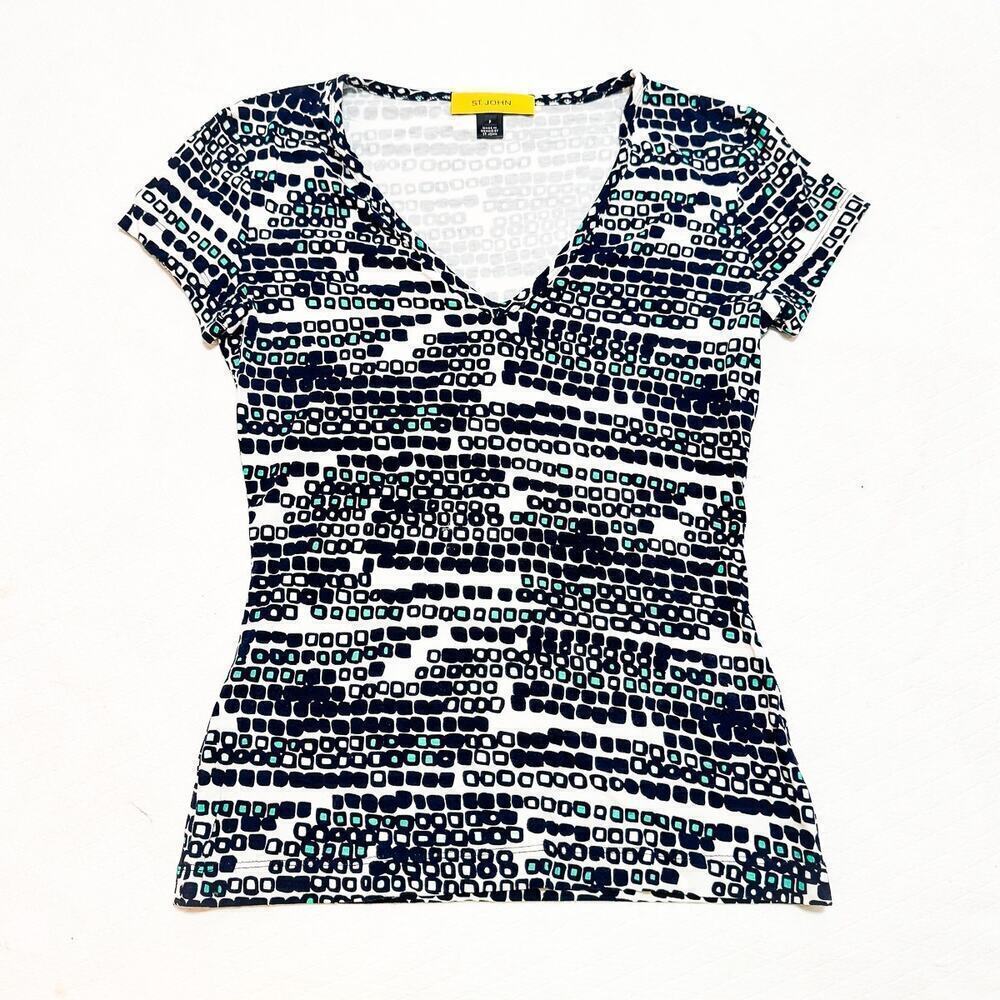St. John Patterned Geometric V-Neck Short Sleeve Top Black White Blue Size Small